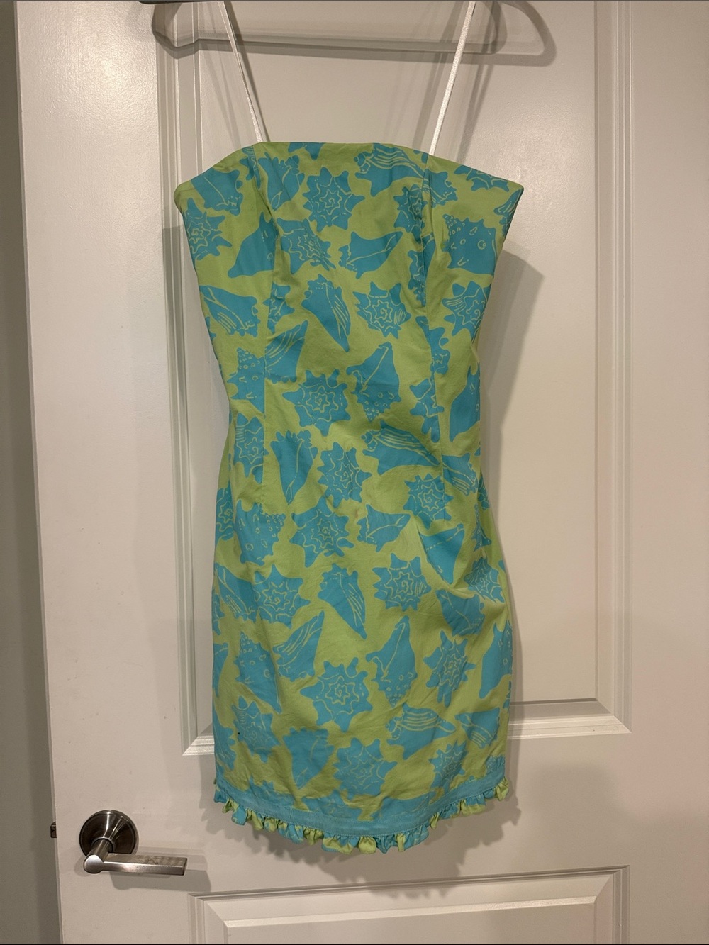 Vintage Lilly Pulitzer Lime & Aqua Strapless Seashell-Print Mini Dress